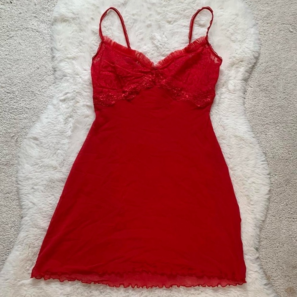 Versailles Red Lacy Mesh Slip Dress & Panty Lingerie 2 Piece Matching Set Size L